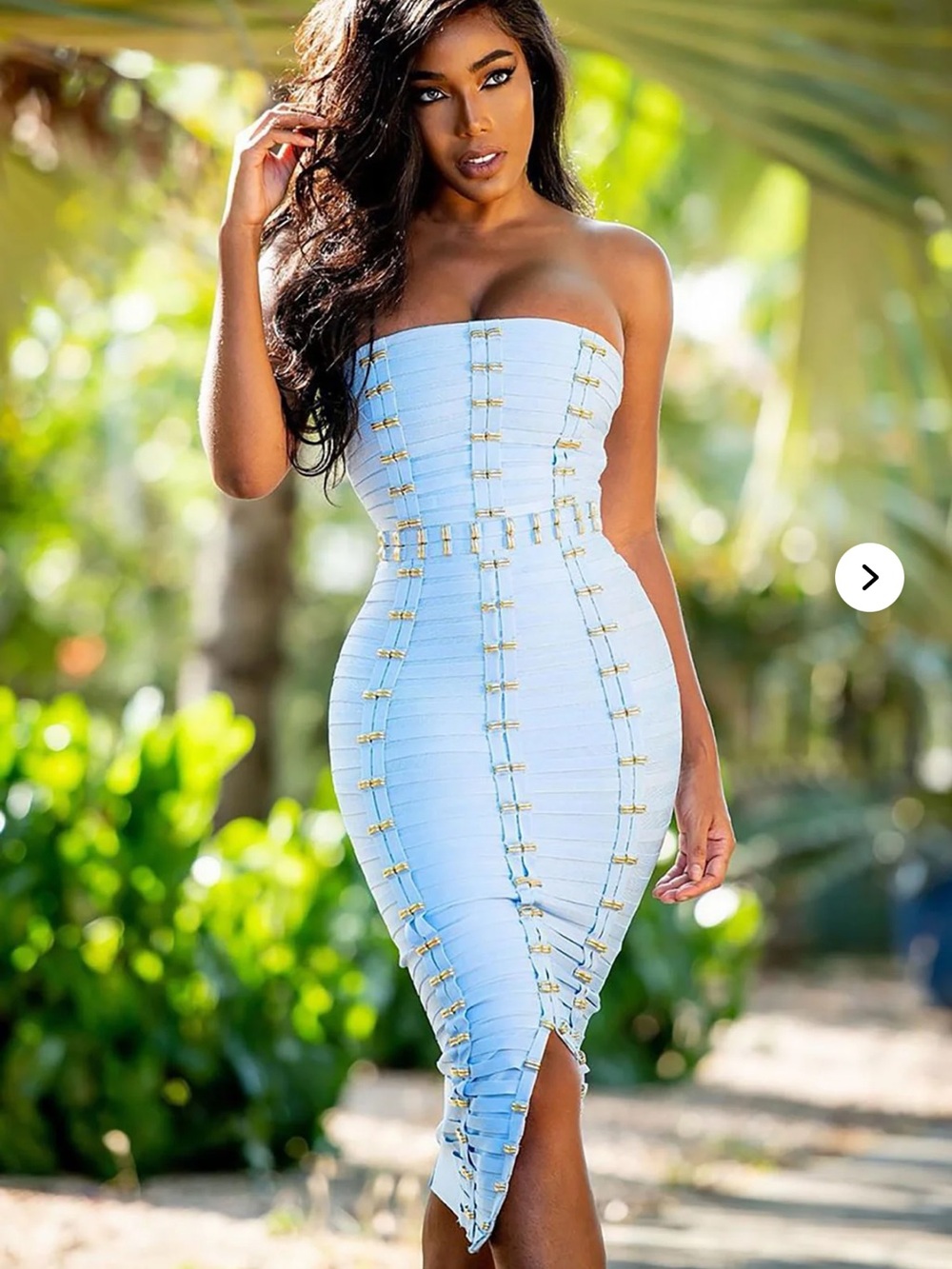 Fashion Nova Light Blue Strapless Bandage Midi Dress with Gold Accents